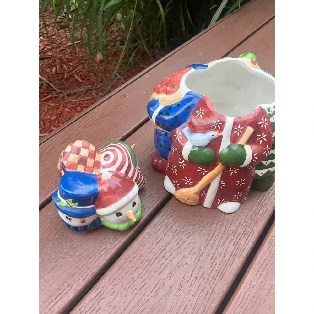 Vintage Christmas Snowman Trio Ceramic Cookie Jar Hand Painted Holiday Decor